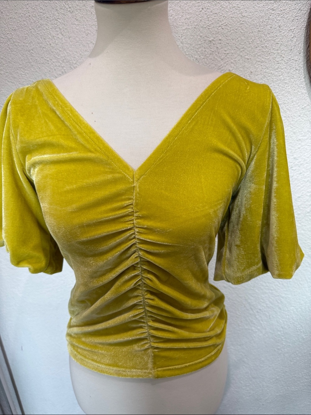 Free People Velvet Ruched V-Neck Top in Chartreuse Yellow
